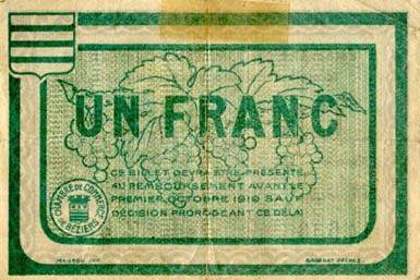Billet de la Chambre de Commerce de B�ziers - 1 franc - d�lib�ration du 9 juin 1915 - cachet � gauche