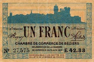 Billet de la Chambre de Commerce de B�ziers - 1 franc - d�lib�ration du 9 juin 1915 - s�rie E42.33