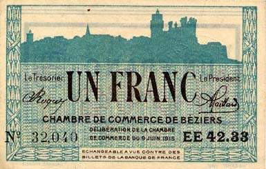 Billet de la Chambre de Commerce de B�ziers - 1 franc - d�lib�ration du 9 juin 1915 - sans filigrane