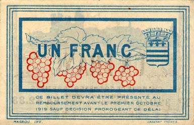Billet de la Chambre de Commerce de B�ziers - 1 franc - d�lib�ration du 9 juin 1915 - sans filigrane