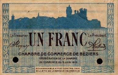 Billet de la Chambre de Commerce de B�ziers - 1 franc - d�lib�ration du 9 juin 1915 - avec timbre sec - sp�cimen annul�