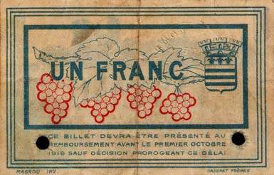 Billet de la Chambre de Commerce de B�ziers - 1 franc - d�lib�ration du 9 juin 1915 - avec timbre sec - sp�cimen annul�