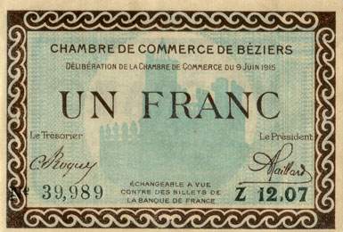 Billet de la Chambre de Commerce de B�ziers - 1 franc - d�lib�ration du 9 juin 1915 - s�rie Z 12,07 - n� 39,989