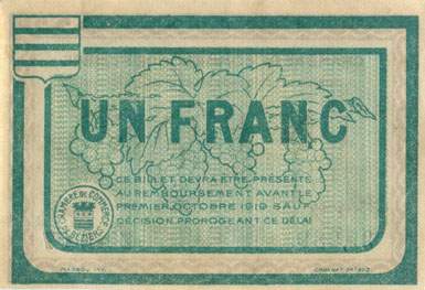 Billet de la Chambre de Commerce de B�ziers - 1 franc - d�lib�ration du 9 juin 1915 - s�rie Z 12,07 - n� 39,989