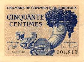 Billet de la Chambre de Commerce de Bordeaux - 50 centimes �mission en 1921 - remboursables avant le 31 d�cembre 1926