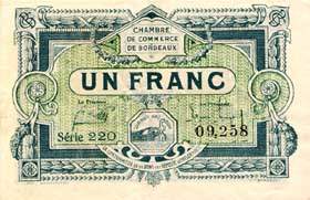 Billet de la Chambre de Commerce de Bordeaux - 1 franc �mission en 1920 - remboursables avant le 31 d�cembre 1925 - s�rie 220