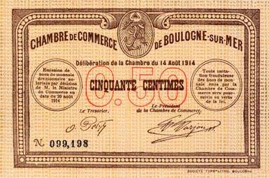 Billet de la Chambre de Commerce de Boulogne-sur-Mer - 50 centimes - d�lib�ration du 14 ao�t 1914 - avec N mais sans lettre de s�rie