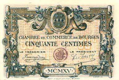 Billet de la Chambre de Commerce de Bourges - 50 centimes MCMXV (1915) avec petit cachet de 9 mm