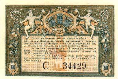 Billet de la Chambre de Commerce de Bourges - 50 centimes MCMXV (1915) avec petit cachet de 9 mm