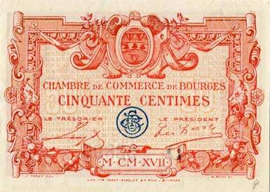 Billet de la Chambre de Commerce de Bourges - 1 franc MCMXVII (1917) - remboursement avant le 30 juin 1922