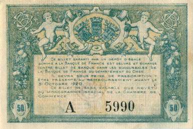 Billet de la Chambre de Commerce de Bourges - 50 centimes MCMXV (1915) avec grand cachet de 13 mm - lettre A