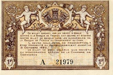Billet de la Chambre de Commerce de Bourges - 1 franc MCMXV (1915) avec petit cachet de 9 mm - lettre A