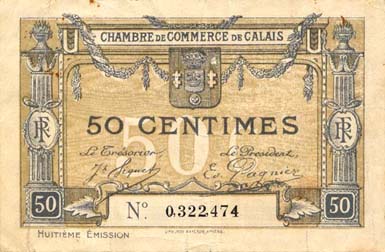 Billet de la Chambre de Commerce de Calais - 50 centimes - huiti�me  �mission - n� 0,322,474