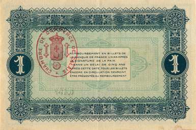 Billet de la Chambre de Commerce de Calais - 1 franc - d�lib�ration du 14 janvier 1916 - imprimerie B. Arnaud - s�rie T 120 - n� 6,457
