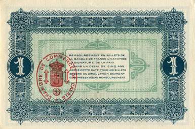 Billet de la Chambre de Commerce de Calais - 1 franc - d�lib�ration du 8 octobre 1915 - s�rie U 121 - n� 3,263