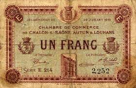 Billet de la Chambre de Commerce de Chalon-sur-Sa�ne, Autun & Louhans - 1 franc - d�lib�ration du 22 juillet 1919