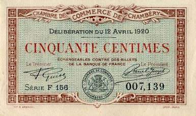 Billet de la Chambre de Commerce de Chamb�ry - 50 centimes - d�lib�ration du 12 avril 1920 - s�rie A 101 - n� 2541
