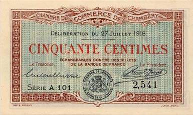 Billet de la Chambre de Commerce de Chamb�ry - 50 centimes - d�lib�ration du 27 juillet 1916 - s�rie F 156 - n� 007139