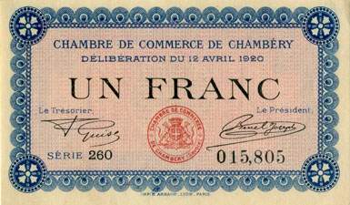 Billet de la Chambre de Commerce de Chamb�ry - 1 franc - d�lib�ration du 12 avril 1920 - s�rie 260 - n� 015805