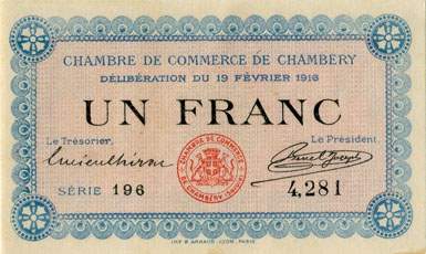 Billet de la Chambre de Commerce de Chamb�ry - 1 franc - d�lib�ration du 19 f�vrier 1916 - s�rie 196 - n� 4281