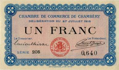 Billet de la Chambre de Commerce de Chamb�ry - 1 franc - d�lib�ration du 27 juillet 1916 - s�rie 205 - n� 0640