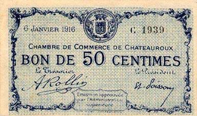 Billet de la Chambre de Commerce de Chateauroux - 50 centimes - 6 janvier 1916 - avec un point apr�s la lettre de s�rie