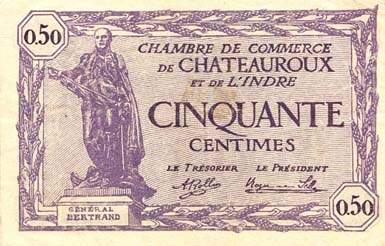 Billet de la Chambre de Commerce de Chateauroux - 50 centimes - 11 ao�t 1920