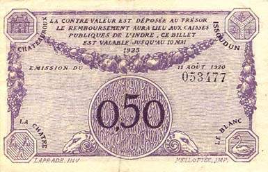 Billet de la Chambre de Commerce de Chateauroux - 50 centimes - 11 ao�t 1920