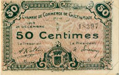 Billet de la Chambre de Commerce de Chateauroux - 50 centimes - 26 d�cembre 1919 - n� 18397