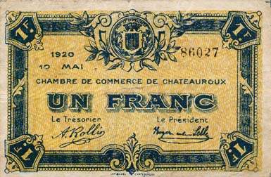 Billet de la Chambre de Commerce de Chateauroux - 1 franc - 10 mai 1920