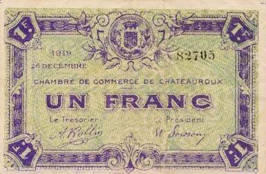 Billet de la Chambre de Commerce de Chateauroux - 1 franc - 26 d�cembre 1919