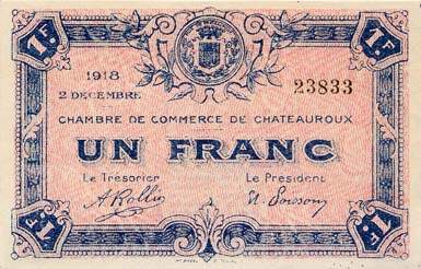 Billet de la Chambre de Commerce de Chateauroux - 1 franc - 2 d�cembre 1918