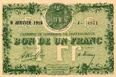 Billet de la Chambre de Commerce de Chateauroux - 1 franc - 6 janvier 1916