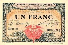Billet de la Chambre de Commerce de Corbeil (Commune aux Arrondissements de Corbeil & d'Etampes) - 1 franc - d�lib�ration du 16 f�vrier 1920
