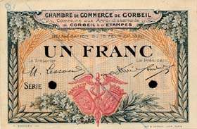 Billet de la Chambre de Commerce de Corbeil (Commune aux Arrondissements de Corbeil & d'Etampes) - 1 franc - d�lib�ration du 16 f�vrier 1920 - sp�cimen annul�
