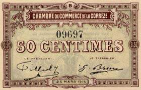 Billet de la Chambre de Commerce de la Corr�ze - 50 centimes - 25 mars 1915 - s�rie B