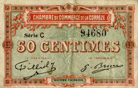 Billet de la Chambre de Commerce de la Corr�ze - 50 centimes - remboursement avant le 25 mars 1920 - 6�me �mission - S�rie C - num�ro 94680