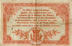 Billet de la Chambre de Commerce de la Corr�ze - 50 centimes - remboursement avant le 25 mars 1920 - 6�me �mission - S�rie C - num�ro 94680