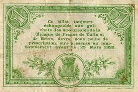 Billet de la Chambre de Commerce de la Corr�ze - 1 franc - remboursement avant le 25 mars 1920 - 5�me �mission - S�rie A - num�ro 40528
