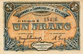 Billet de la Chambre de Commerce de la Creuse - 1 franc - d�lib�ration du 14 f�vrier 1920 - lettre B