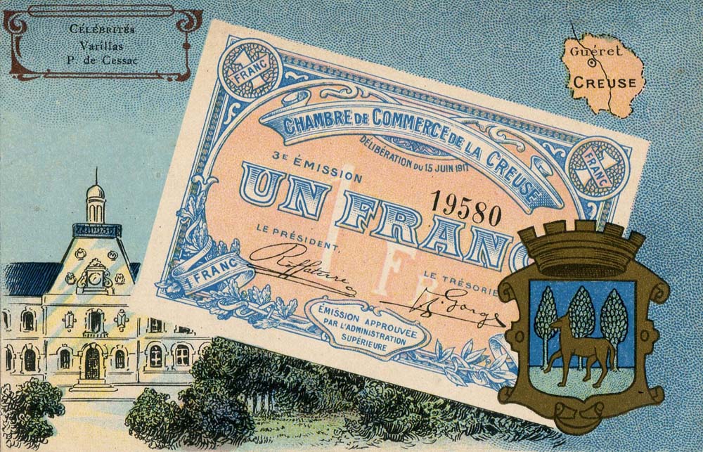 Carte postale repr�sentant un billet de 1 franc - d�lib�ration du 15 juin 1917 - 3�me �mission - n� 19580 - de la Chambre de Commerce de la Creuse