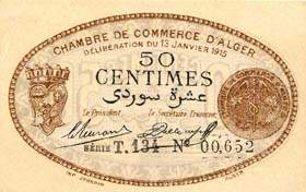 Billet de la Chambre de Commerce d'Alger - 50 centimes 13 janvier 1915 - imprimerie Jourdan - brun