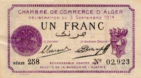 Billet de la Chambre de Commerce d'Alger - 1 franc - délibération du 3 septembre 1914 - violet - série 258