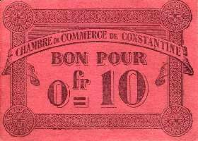 Ticket de la Chambre de Commerce de Constantine - 10 centimes - 12 octobre 1915 - titre sur 1 ligne