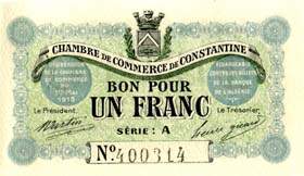 Billet de la Chambre de Commerce de Constantine - 1 franc - 1er mai 1915 - s�rie A avec N droit