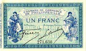 Billet de la Chambre de Commerce de Philippeville - 1 franc - d�lib�ration du 10 novembre 1914 - valeur en lettre au verso + nom d'imprimeur