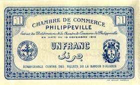 Billet de la Chambre de Commerce de Philippeville - 1 franc - d�lib�ration du 10 novembre 1914 - valeur en lettre au verso + nom d'imprimeur