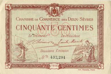 Billet de la Chambre de Commerce des Deux-S�vres (Niort) - 50 centimes - d�lib�ration du 10 juillet 1916 - 2�me �mission - n� 432,294