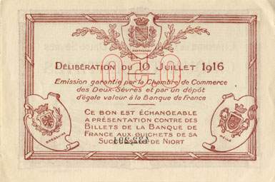 Billet de la Chambre de Commerce des Deux-S�vres (Niort) - 50 centimes - d�lib�ration du 10 juillet 1916 - 2�me �mission - n� 432,294