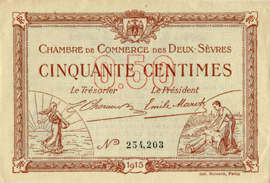 Billet de la Chambre de Commerce des Deux-S�vres (Niort) - 50 centimes - d�lib�ration du 30 septembre 1915 - n�&nbsp;254,203